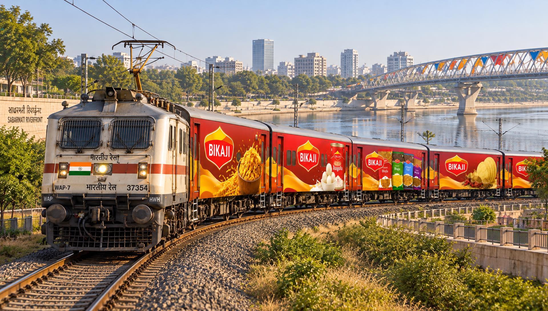 Bikaji branded passenger train along the Sabarmati riverfront, Ahmedabad