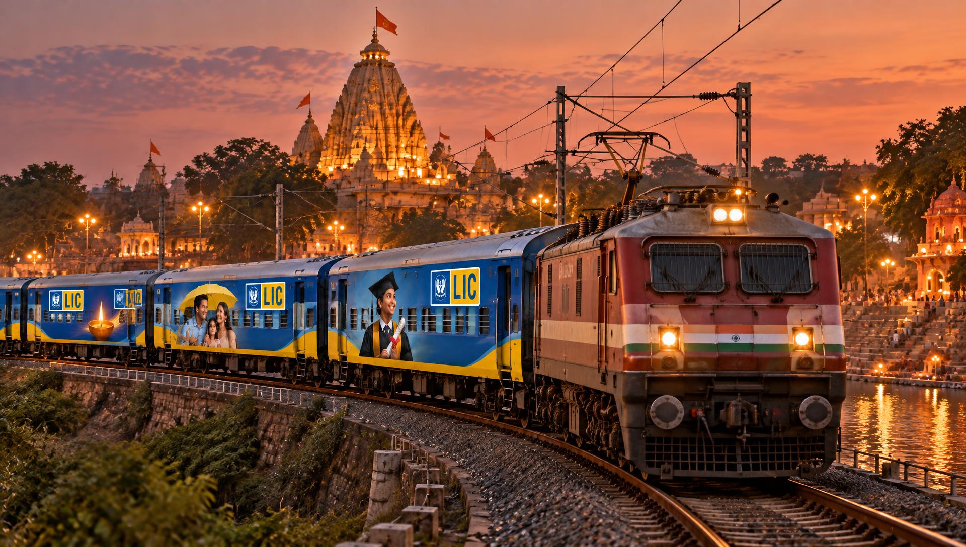 LIC branded passenger train near Mahakaleshwar temple, Ujjain