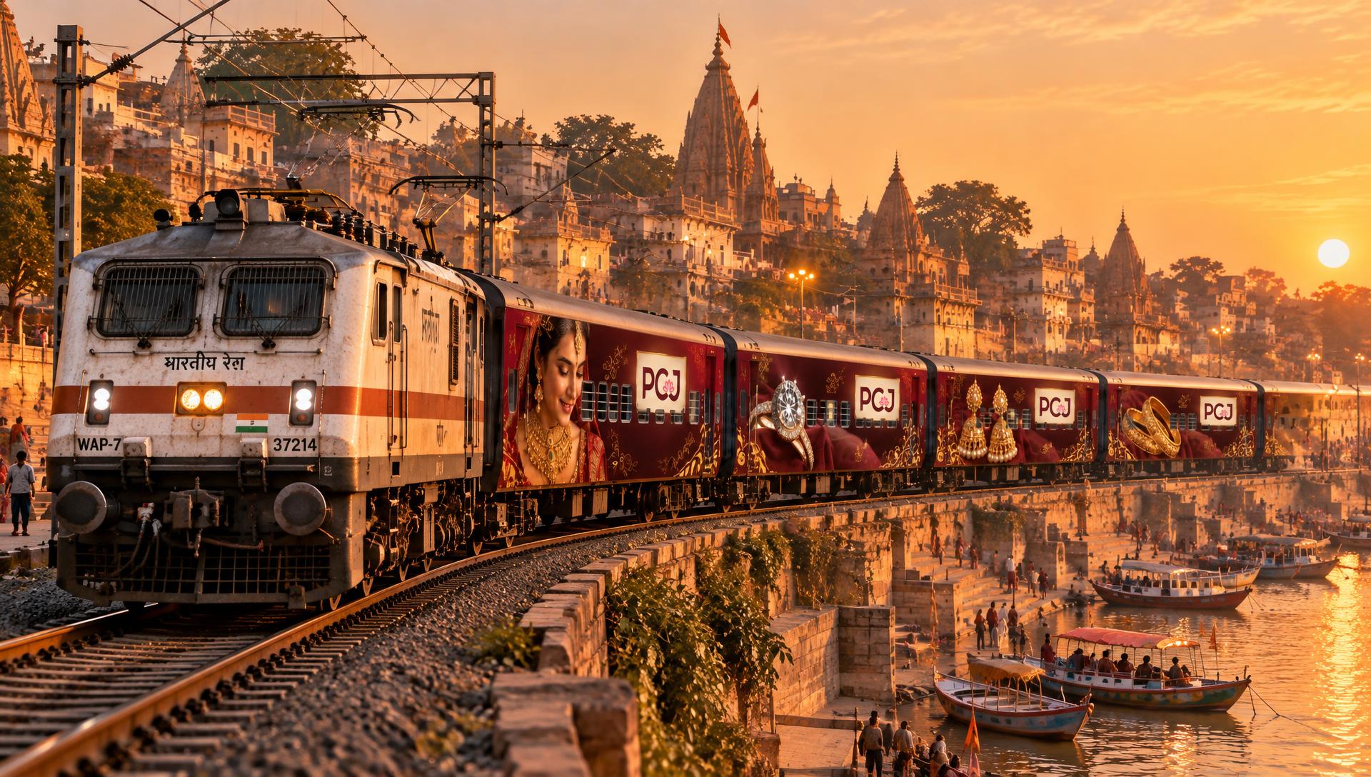 PC Jeweller branded passenger train above the ghats of Varanasi